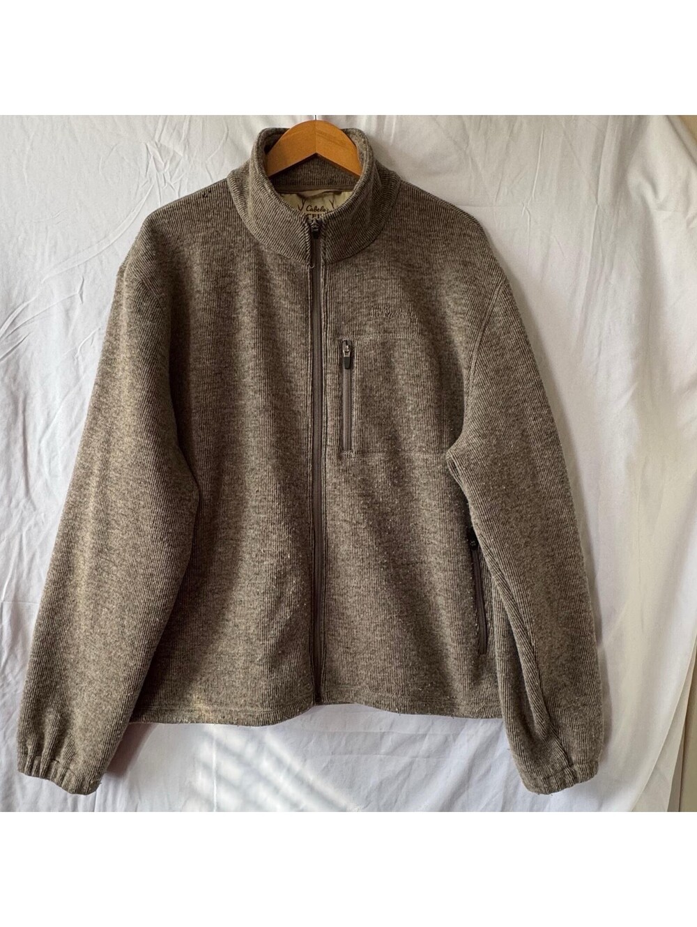 Cabelas Outfitter Jacket XL Wool Blend Sweater Full Zip Fleece Lined Taupe
